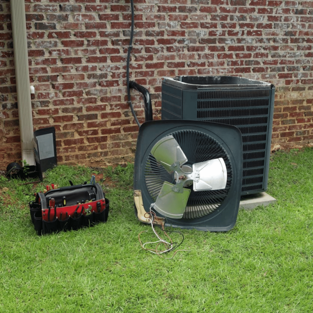 Air conditioning unit components, including a fan and toolbox, set up outside a brick wall