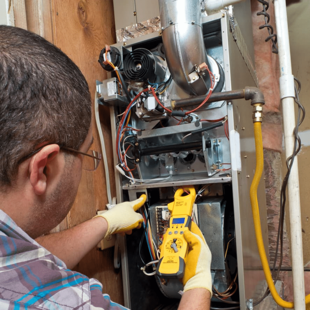 A technician examines the internal components of a furnace using diagnostic tools