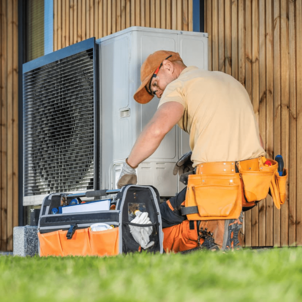 An HVAC technician working on an outdoor air conditioning unit with a tool bag nearby